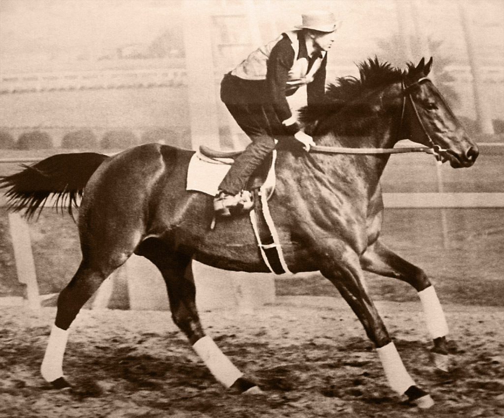 Archival photograph of Seabiscuit exercising with George Woolf aboard